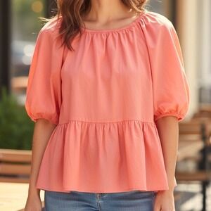 Old Navy Peplum Top Women XL Coral Puff Sleeve Cottagecore Cutout Back